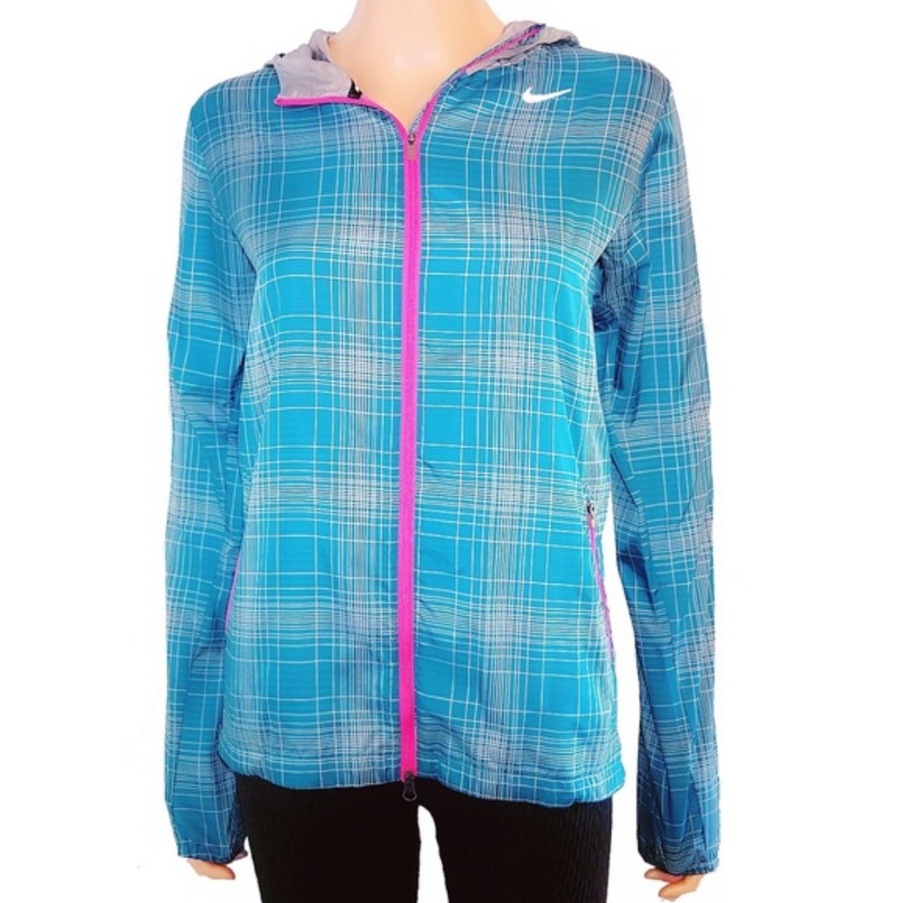 NIKE SPORTSWEAR Teal Pink Plaid Hooded Windbreaker